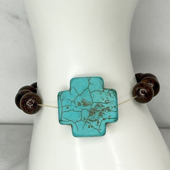Faux Turquoise Cross Wood Beaded Stretch Bracelet - Picture 1 of 9